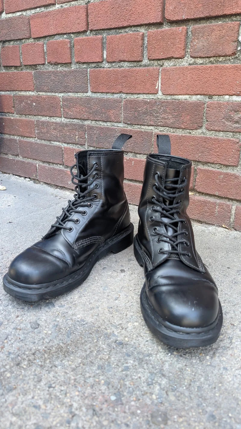 Closeup of Doc Martens mono black boots